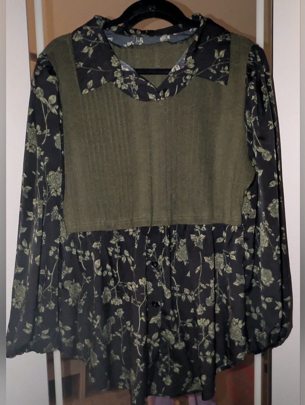 Olive Green Layered Floral Blouse - Women's Top